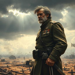 A dramatic and powerful scene illustrating a general at the end of a battle