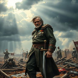 A dramatic and powerful scene illustrating a general at the end of a battle