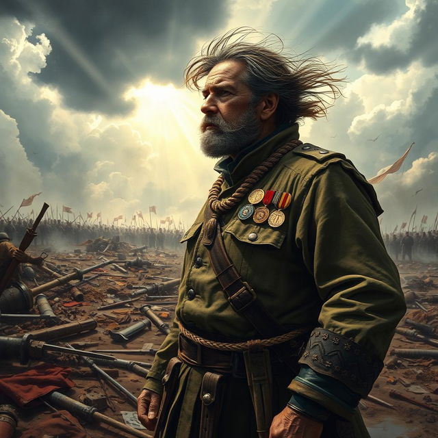A dramatic and powerful scene illustrating a general at the end of a battle