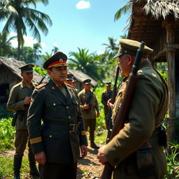 A historical scene depicting the last Filipino general, Miguel Malvar, surrendering to American forces during the Philippine-American War