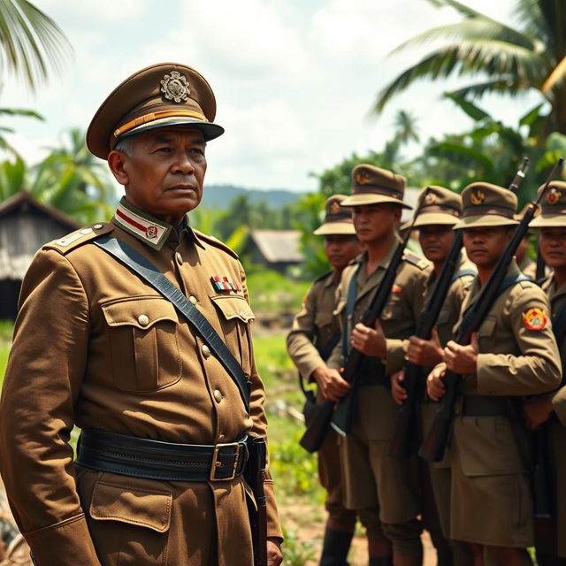 A historical scene depicting the last Filipino general, Miguel Malvar, surrendering to American forces during the Philippine-American War