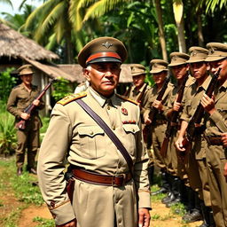 A historical scene depicting the last Filipino general, Miguel Malvar, surrendering to American forces during the Philippine-American War