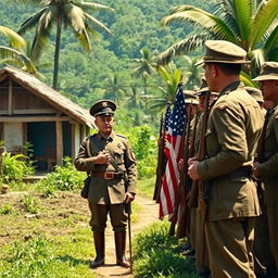 A historical scene depicting the last Filipino general, Miguel Malvar, surrendering to American forces during the Philippine-American War
