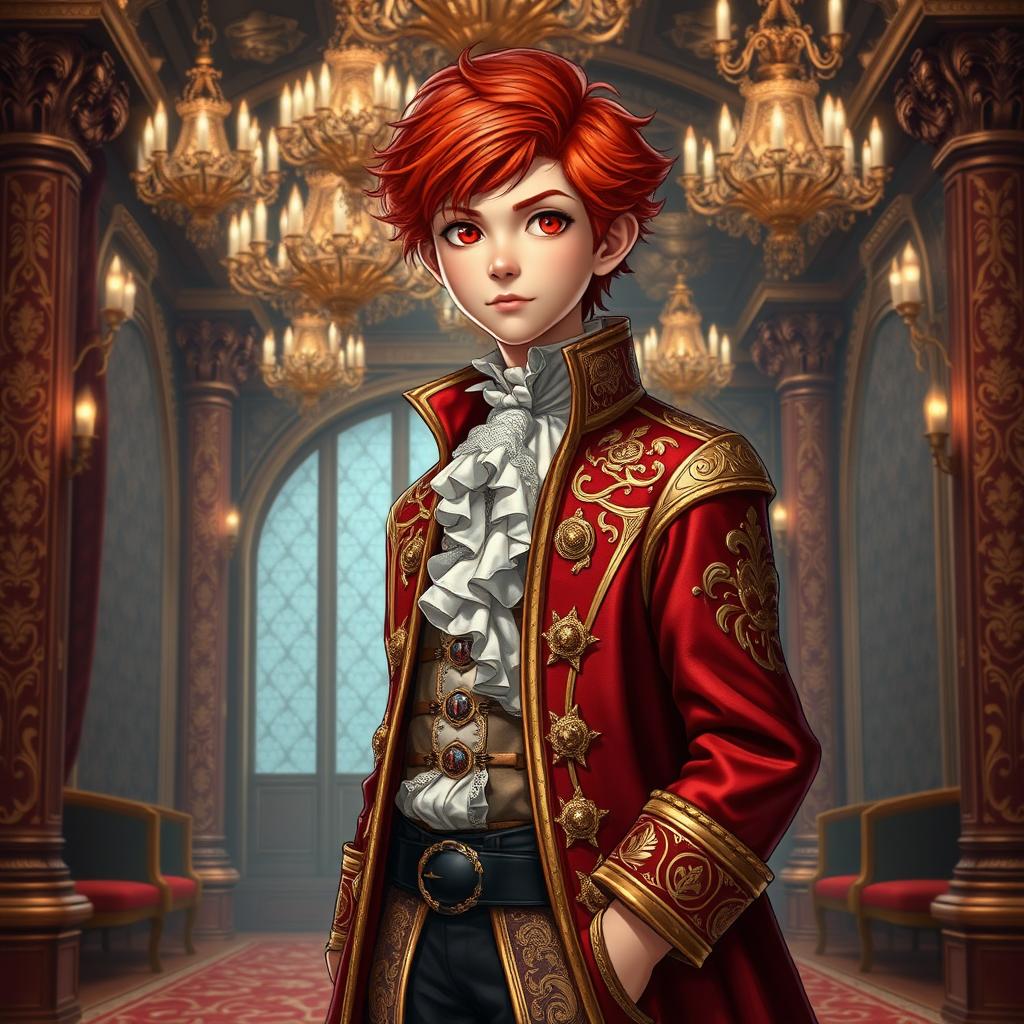 A 14-year-old boy with striking red hair and vivid red eyes, dressed in richly detailed noble attire featuring an elegant, embroidered coat with gold accents, a white ruffled shirt, and polished black shoes