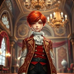 A 14-year-old boy with striking red hair and vivid red eyes, dressed in richly detailed noble attire featuring an elegant, embroidered coat with gold accents, a white ruffled shirt, and polished black shoes