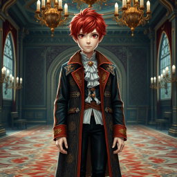 A 14-year-old boy with striking red hair and vivid red eyes, dressed in richly detailed noble attire featuring an elegant, embroidered coat with gold accents, a white ruffled shirt, and polished black shoes