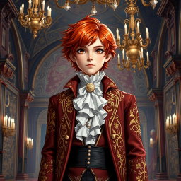 A 14-year-old boy with striking red hair and vivid red eyes, dressed in richly detailed noble attire featuring an elegant, embroidered coat with gold accents, a white ruffled shirt, and polished black shoes