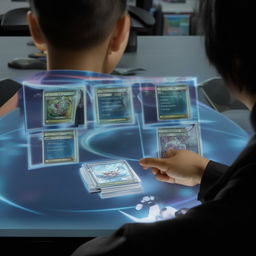 A view over Seto Kaiba's shoulder, showing a 5-card Yu-Gi-Oh starting hand from a standard Exodia deck displayed on a virtual duel disk. On the side, showcase the starting life points and a sign signalling it's Seto Kaiba's turn.