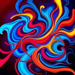A vibrant, abstract art piece that combines swirling colors of blue, red, and yellow, creating a dynamic interplay of shapes and lines