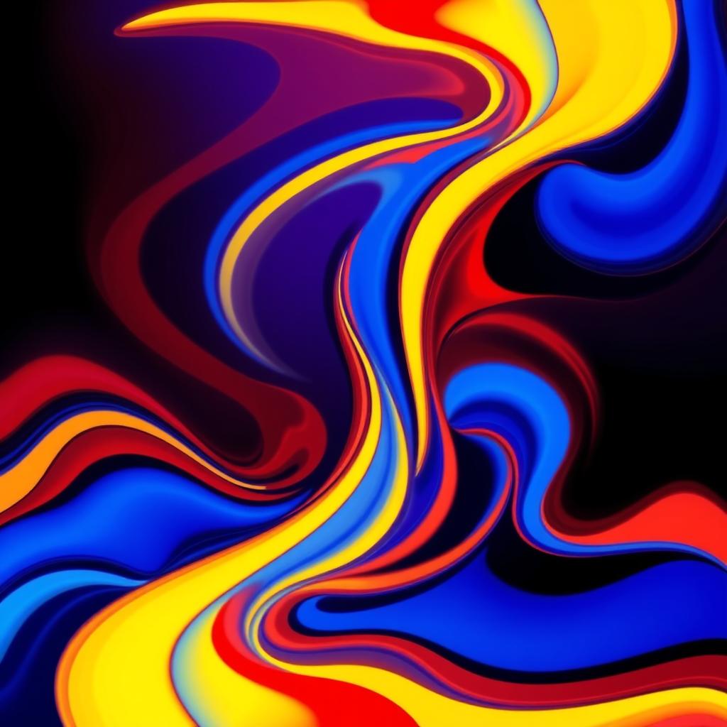 A vibrant, abstract art piece that combines swirling colors of blue, red, and yellow, creating a dynamic interplay of shapes and lines