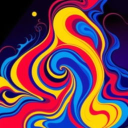 A vibrant, abstract art piece that combines swirling colors of blue, red, and yellow, creating a dynamic interplay of shapes and lines