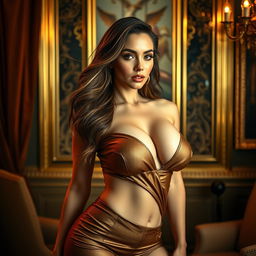 A woman with large breasts, elegantly posed in a luxurious setting, wearing a stylish outfit that accentuates her figure