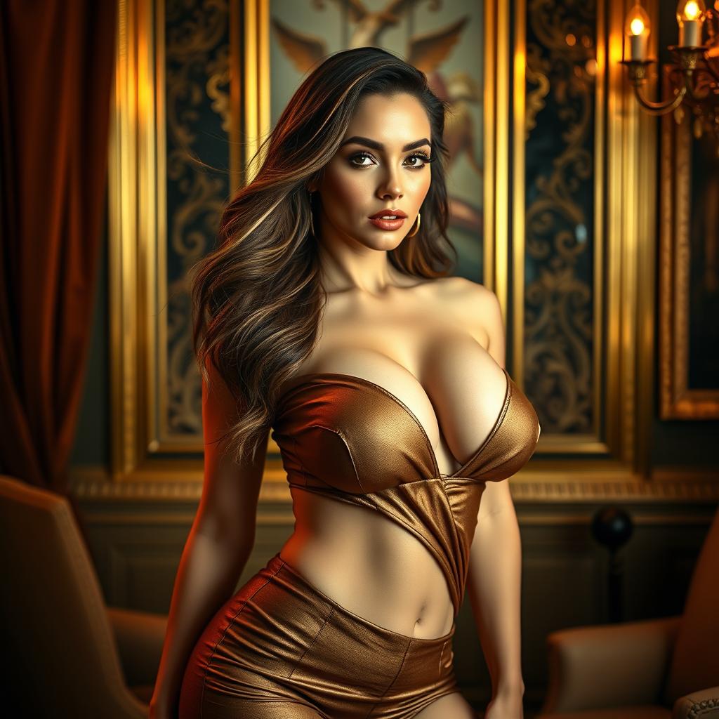 A woman with large breasts, elegantly posed in a luxurious setting, wearing a stylish outfit that accentuates her figure