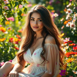 A stunning portrait of a beautiful woman with long flowing hair, sitting elegantly in a sunny garden filled with vibrant flowers