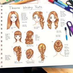 A step-by-step hair tutorial drawing showcasing various hairstyles, each illustrated clearly with labels and instructions