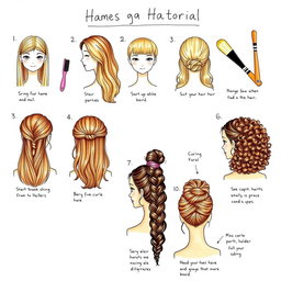A step-by-step hair tutorial drawing showcasing various hairstyles, each illustrated clearly with labels and instructions