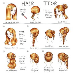 A step-by-step hair tutorial drawing showcasing various hairstyles, each illustrated clearly with labels and instructions