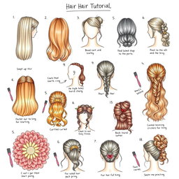 A step-by-step hair tutorial drawing showcasing various hairstyles, each illustrated clearly with labels and instructions
