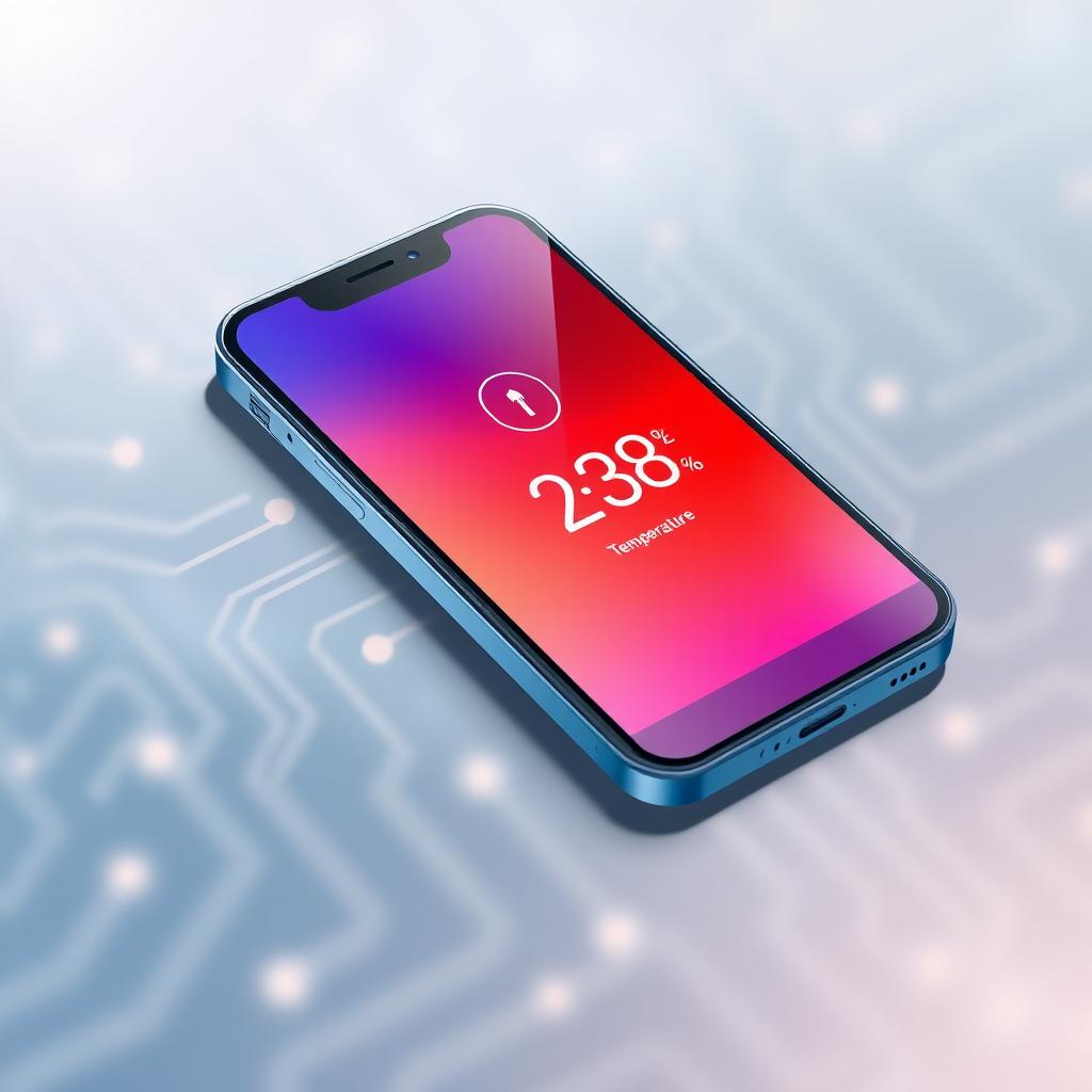 A detailed illustration of a modern smartphone with a built-in temperature checker feature visible on the screen