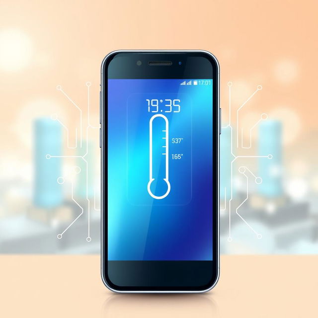 A detailed illustration of a modern smartphone with a built-in temperature checker feature visible on the screen