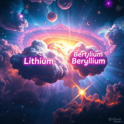 A stunning depiction of the universe right after the Big Bang, featuring a vibrant cosmic landscape with glowing, colorful clouds of gas and dust