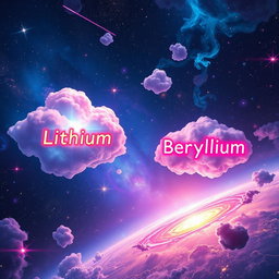 A stunning depiction of the universe right after the Big Bang, featuring a vibrant cosmic landscape with glowing, colorful clouds of gas and dust