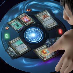 A view over Seto Kaiba's shoulder, showing a 5-card Yu-Gi-Oh starting hand from a standard Exodia deck displayed on a virtual duel disk. On the side, showcase the starting life points and a sign signalling it's Seto Kaiba's turn.