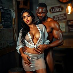 A full-length intimate photo shoot featuring a stunning 22-year-old Arab woman in a transparent white wet shirt and a microskirt, highlighting her sexy boobs, hot navel, and seductive thighs