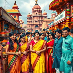 A vibrant and colorful representation of Desi culture, showcasing traditional elements such as a bustling Indian market filled with spices, textiles, and street food vendors