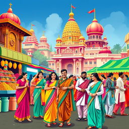 A vibrant and colorful representation of Desi culture, showcasing traditional elements such as a bustling Indian market filled with spices, textiles, and street food vendors