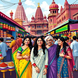 A vibrant and colorful representation of Desi culture, showcasing traditional elements such as a bustling Indian market filled with spices, textiles, and street food vendors