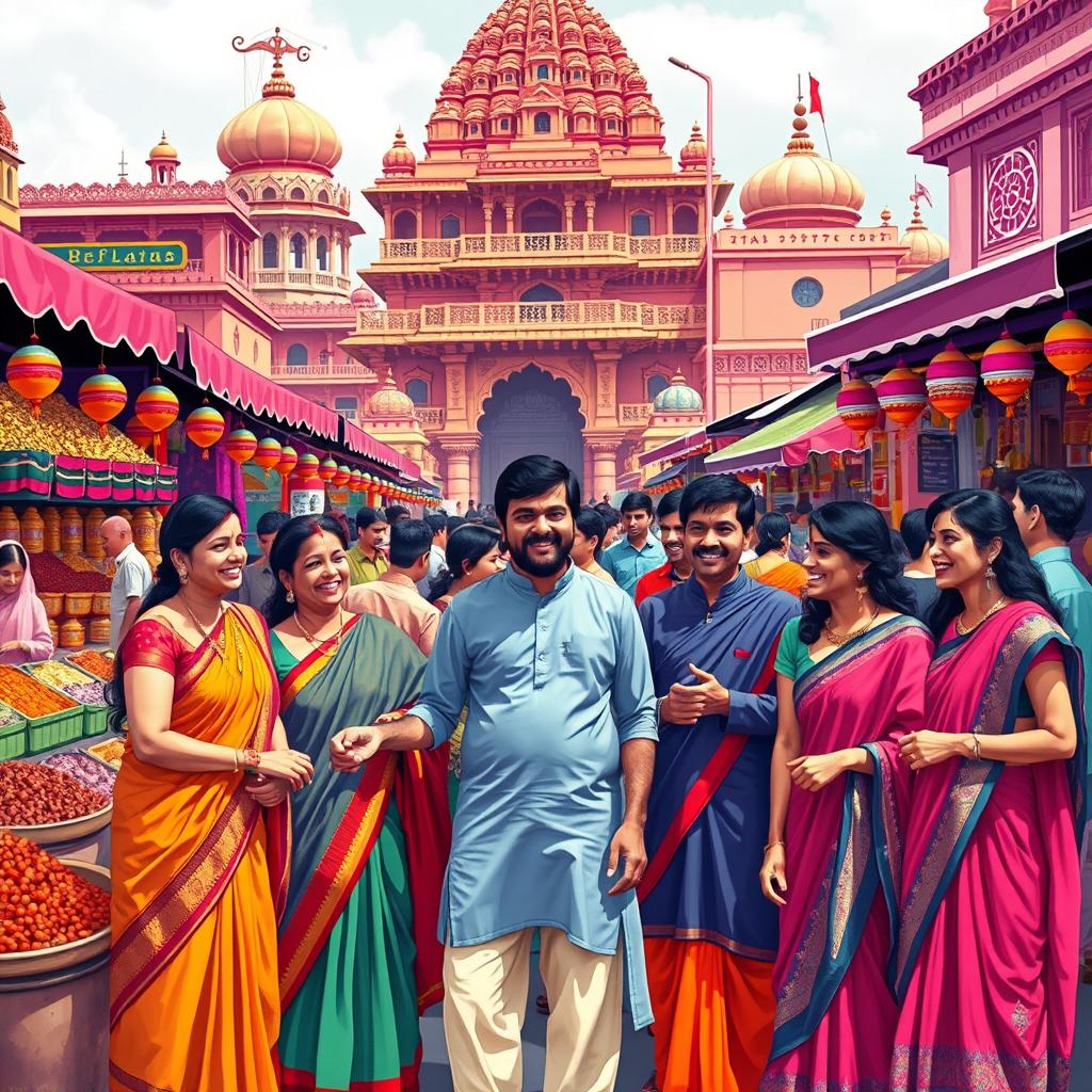 A vibrant and colorful representation of Desi culture, showcasing traditional elements such as a bustling Indian market filled with spices, textiles, and street food vendors