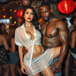 A full-length intimate photo shoot featuring a stunning 22-year-old Arab woman in a transparent white wet shirt and a microskirt, showcasing her sexy boobs, hot navel, and seductive thighs