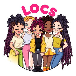 A vibrant, cartoon-style logo depicting a group of anime girls with beautiful locs hairstyles