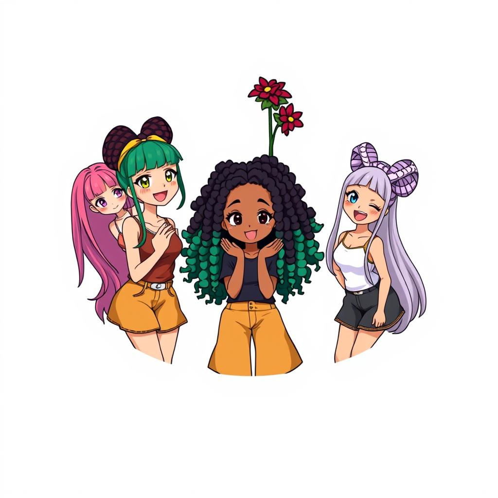 A vibrant, cartoon-style logo depicting a group of anime girls with beautiful locs hairstyles