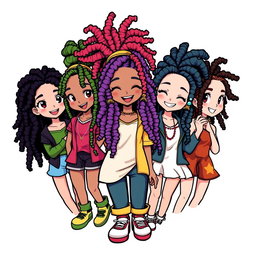 A vibrant, cartoon-style logo depicting a group of anime girls with beautiful locs hairstyles