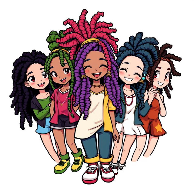 A vibrant, cartoon-style logo depicting a group of anime girls with beautiful locs hairstyles