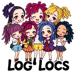 A vibrant, cartoon-style logo depicting a group of anime girls with beautiful locs hairstyles