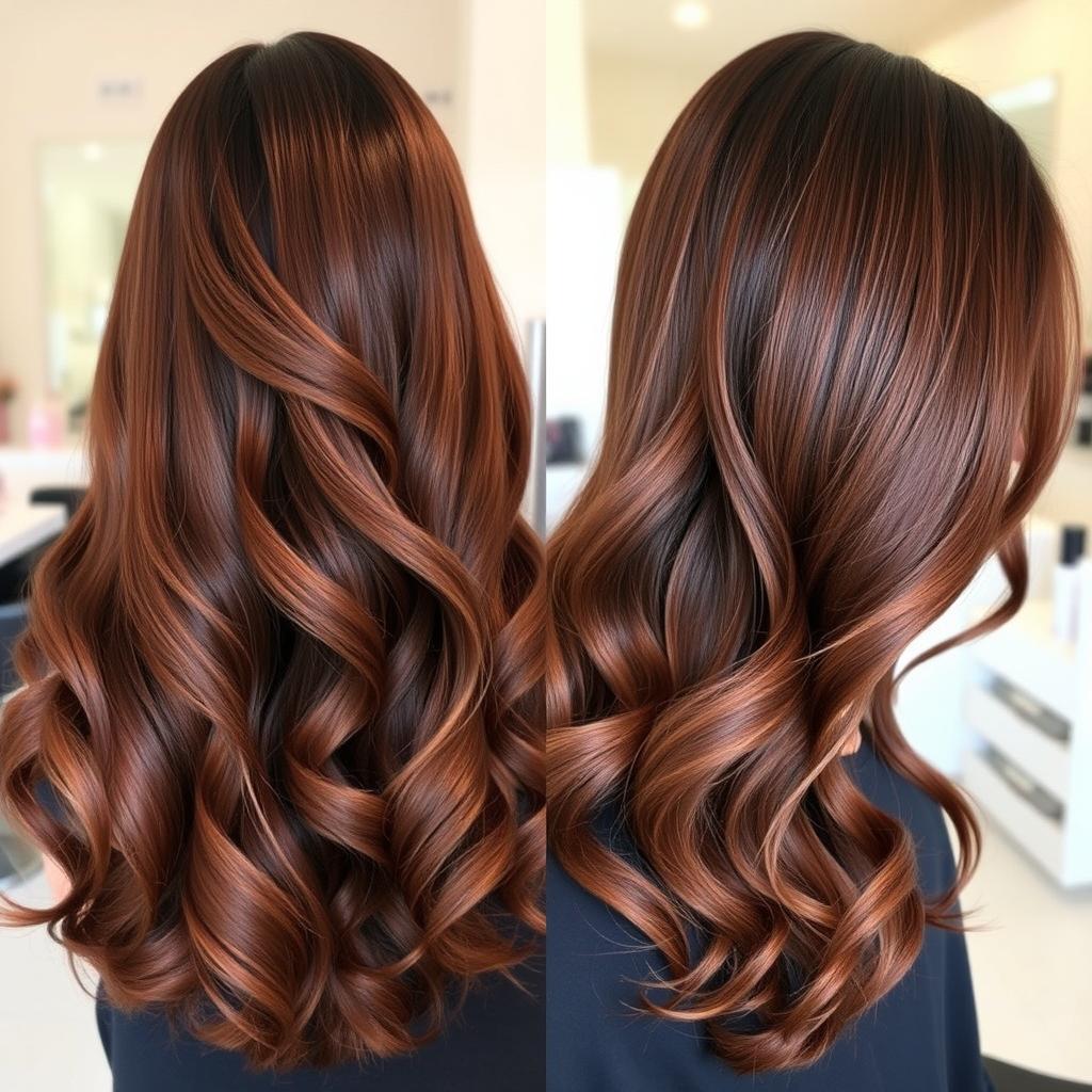 A vibrant, stylish hairstyle transformation showcasing luscious, shiny hair with rich, deep colors