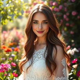 A stunning portrait of a beautiful young woman with long, flowing brunette hair and deep green eyes, wearing an elegant, flowing white dress adorned with intricate lace