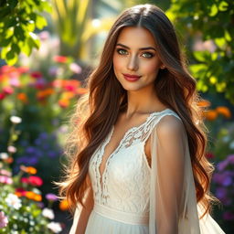 A stunning portrait of a beautiful young woman with long, flowing brunette hair and deep green eyes, wearing an elegant, flowing white dress adorned with intricate lace