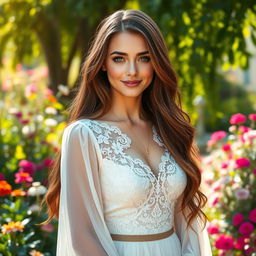 A stunning portrait of a beautiful young woman with long, flowing brunette hair and deep green eyes, wearing an elegant, flowing white dress adorned with intricate lace