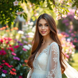 A stunning portrait of a beautiful young woman with long, flowing brunette hair and deep green eyes, wearing an elegant, flowing white dress adorned with intricate lace