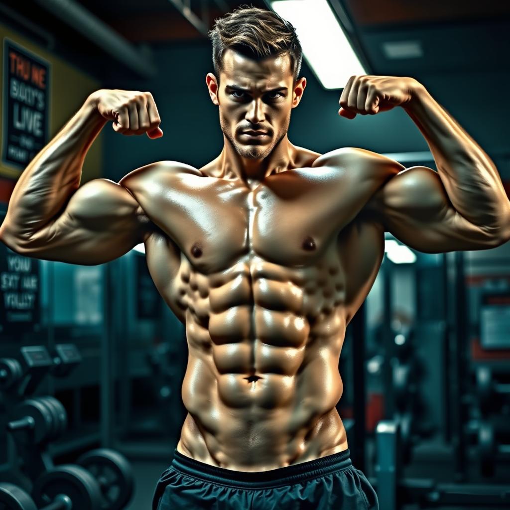 A highly detailed, muscular male physique showcasing an impressive six-pack abs and chiseled obliques