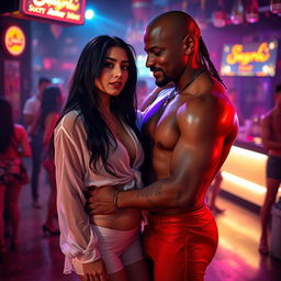A full-length intimate photo shoot capturing a gorgeous 22-year-old Arab woman in a transparent white wet shirt and a microskirt, showcasing her sexy boobs, hot navel, and seductive thighs