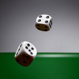 A pair of dice in mid-air, captured in the moment just before they hit the table, showing a random outcome.