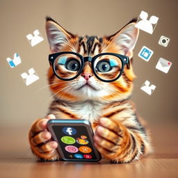 A cute cat with a playful expression, using a smartphone to scroll through social media apps like Facebook and Instagram