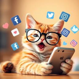 A cute cat with a playful expression, using a smartphone to scroll through social media apps like Facebook and Instagram