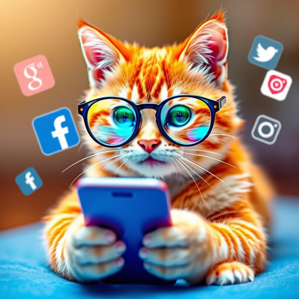 A cute cat with a playful expression, using a smartphone to scroll through social media apps like Facebook and Instagram
