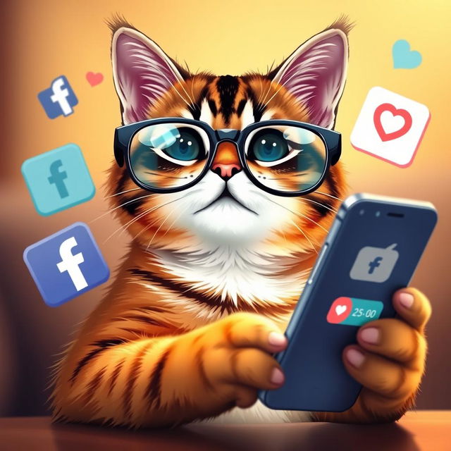 A cute cat with a playful expression, using a smartphone to scroll through social media apps like Facebook and Instagram